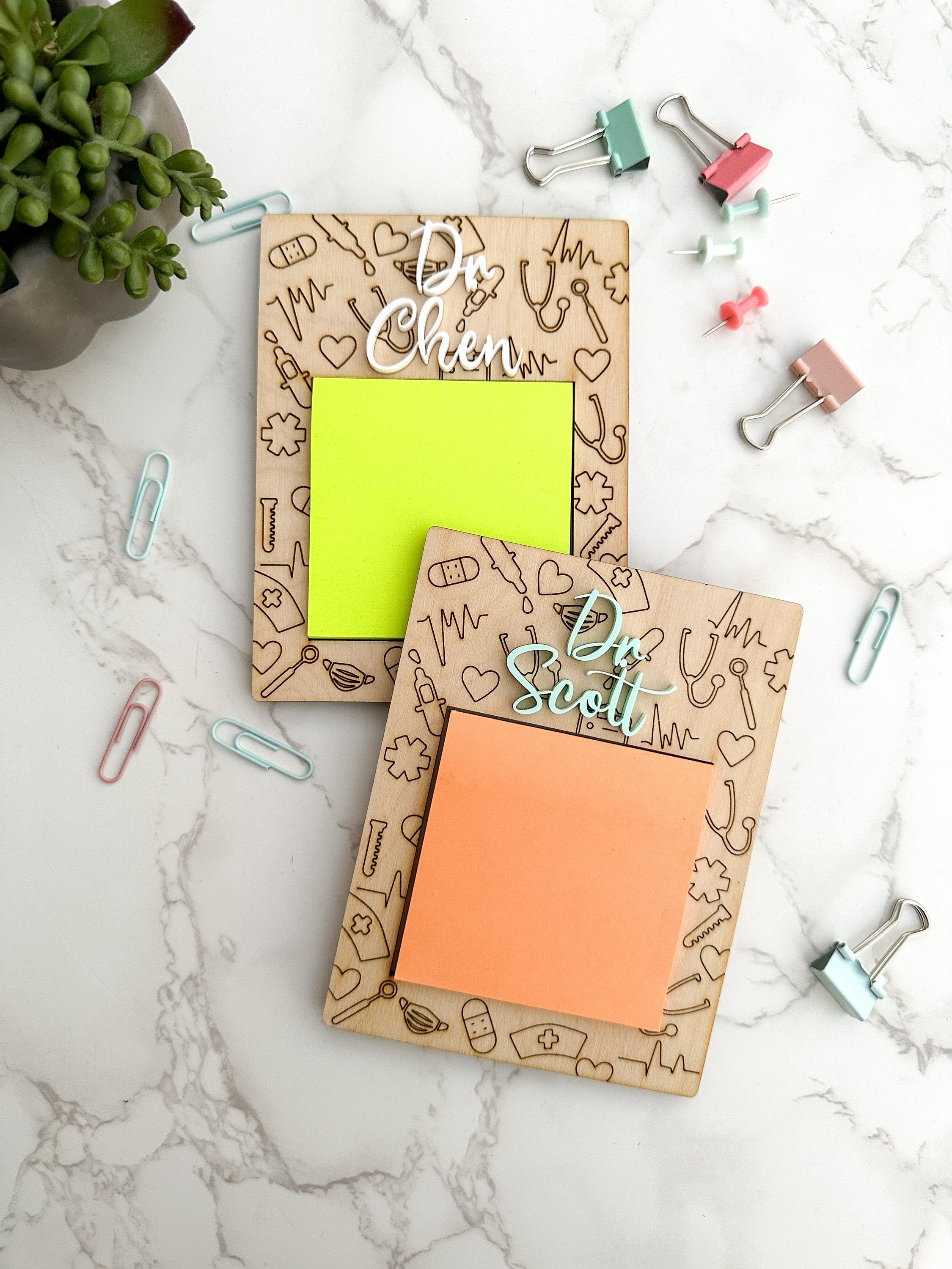 Personalized Nurse Wooden Sticky Note Holder: Laser-Cut Acrylic Name, Nurse Doctor Gift