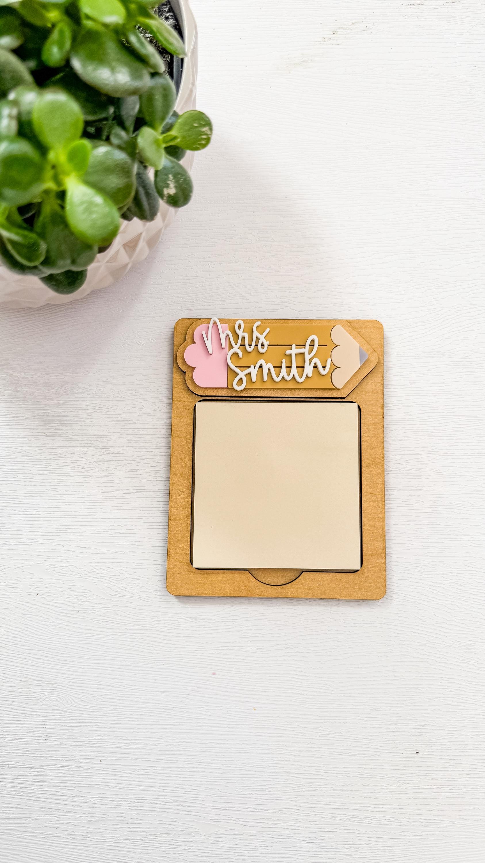Personalized Wooden Pencil Sticky Note Holder: Teacher Desk Organizer