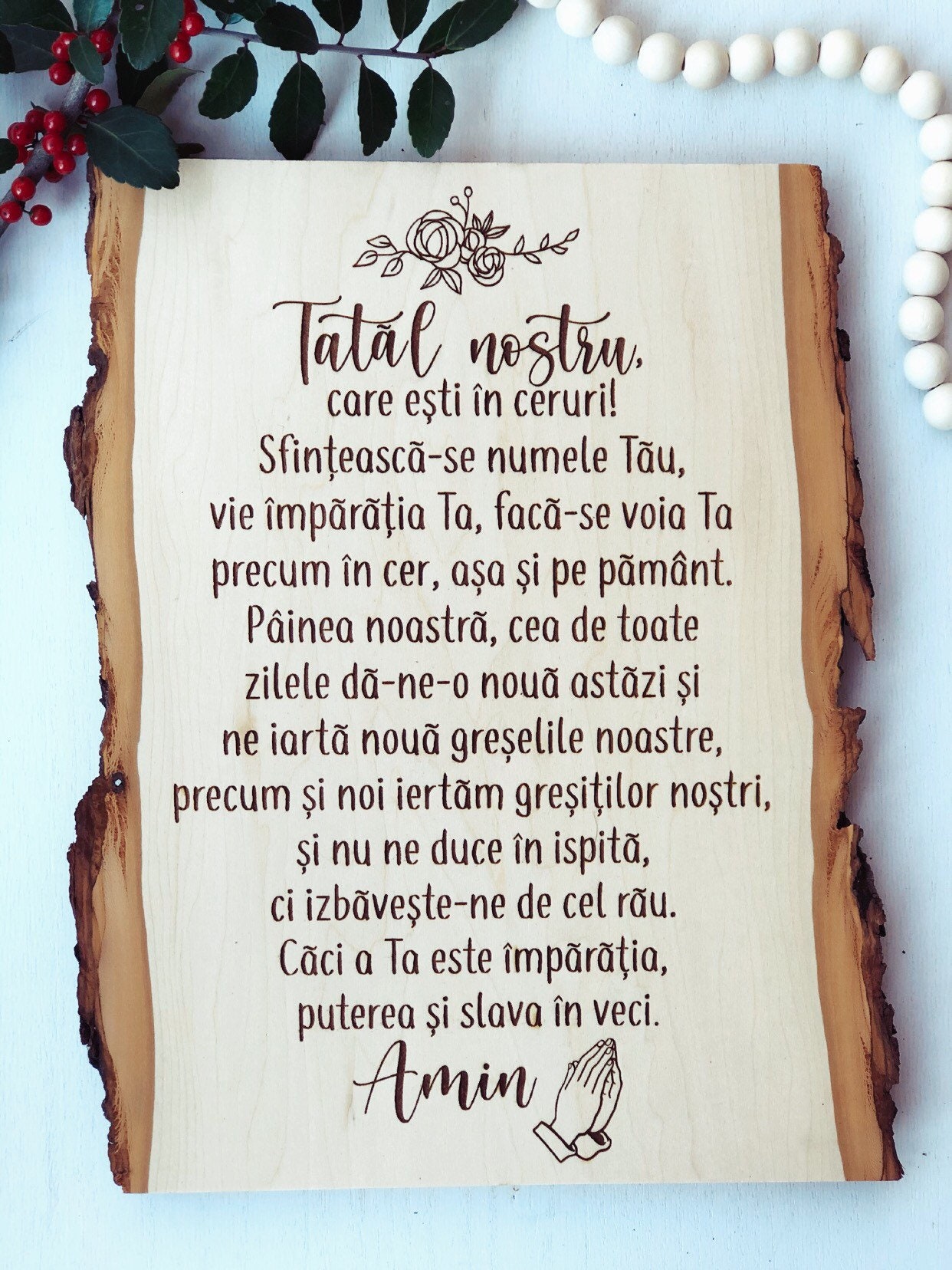 The Lord's Prayer in Romanian: Engraved Wood Plank, Christian Home Decor