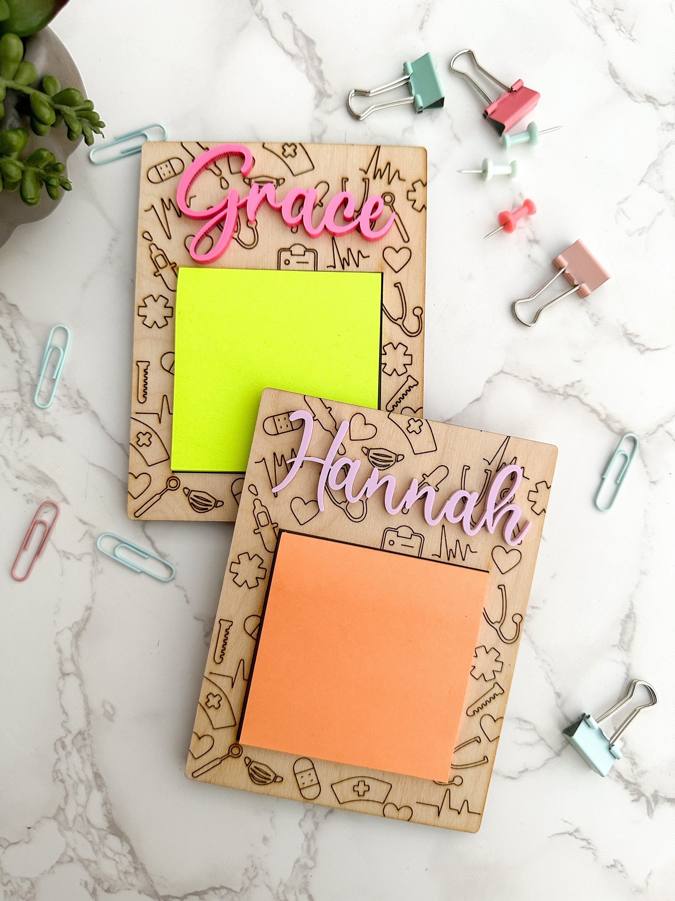 Personalized Nurse Wooden Sticky Note Holder: Laser-Cut Acrylic Name, Nurse Doctor Gift thumbnail 3