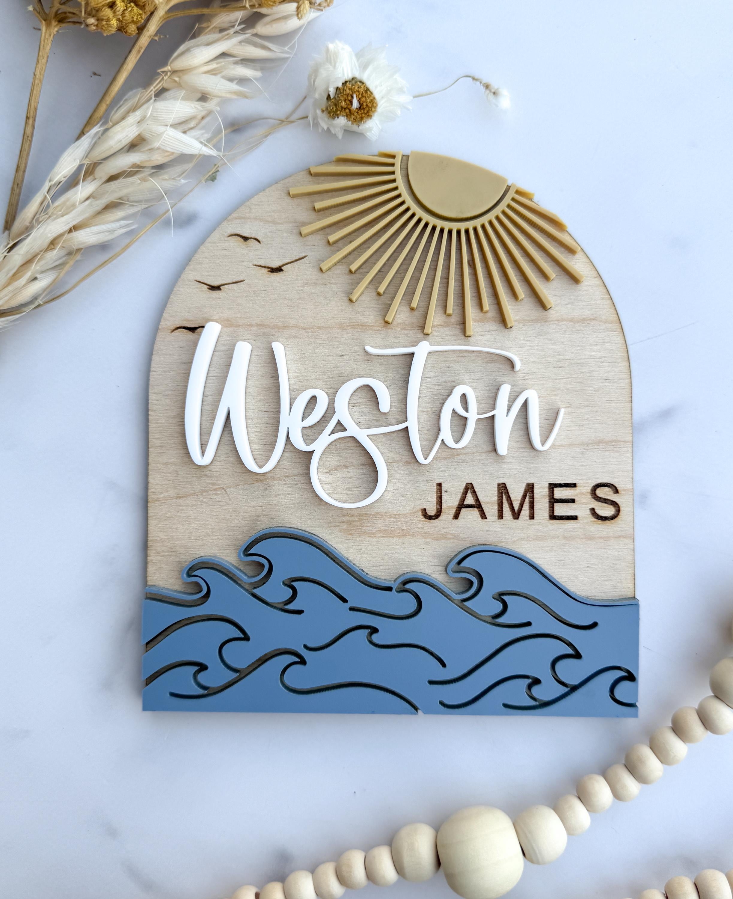 Personalized Wooden Baby Name Sign, Coastal Nursery Decor, Ocean Wave Wall Plaque thumbnail 6