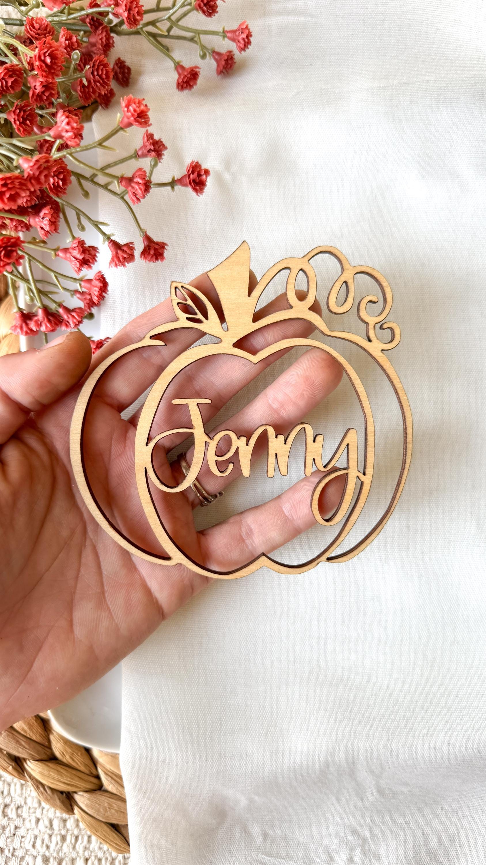 Laser Cut Wood Pumpkin Place Card: Custom Thanksgiving Table Decor thumbnail 3