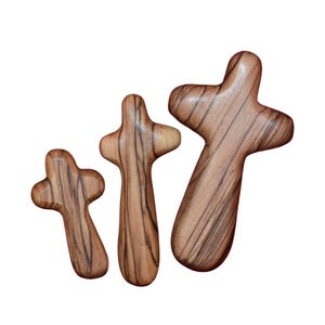 Cruz de madera de olivo de mano, cruz de oración de bolsillo, 3 tamaños, regalo cristiano de Belén