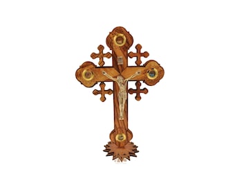 Authentic Jerusalem Cross with Incense, Flowers, Olive Leaf & Stones, Olive Wood Wall or Table Cross, Gift Box Included