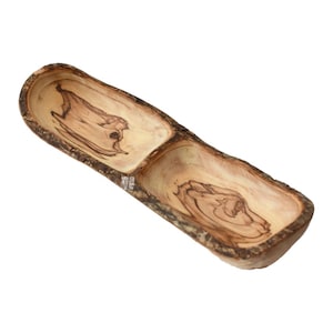 Handmade Olive Wood Divided Snack Bowl - Two-Section Tray for Nuts, Tapas & Spices - Unique Hostess Gift from Bethlehem
