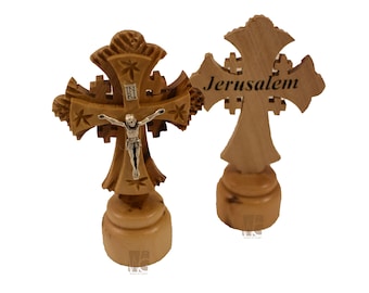 Small Jerusalem Cross with Stand - Olive Wood Car Dashboard Crucifix, 3.5" Christian Nightstand Decor, Best-Selling Faith Gift