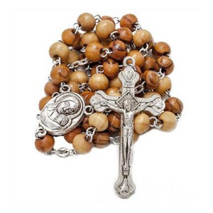 Handmade Olive Wood Rosary Beads with Crucifix, Holy Family Charm, and Frankincense, Christian Prayer Beads