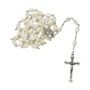 Handmade Pearl Rosary - Mother of Pearl Beads with Cross & Frankincense Charm - Gift Box from Jerusalem