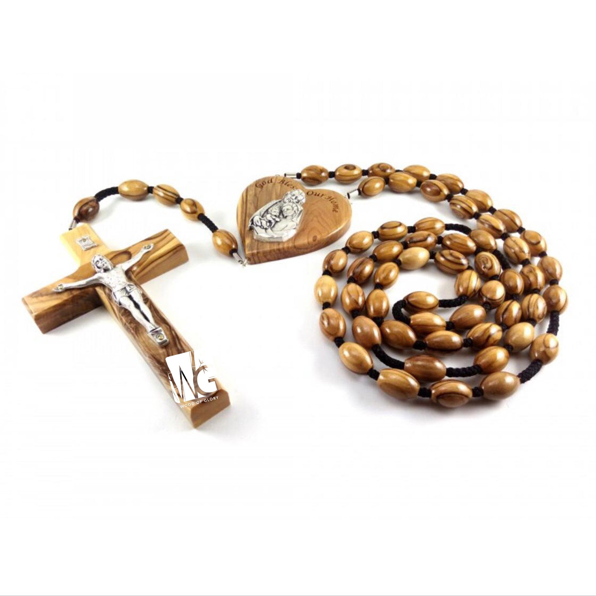 Large Olive Wood Wall Rosary with Holy Family Heart - Handmade Christian Prayer Décor