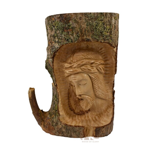 Holy FACE of JESUS - Crown of Thorns in Olive Wood Tree Log Carving - Unique Very Detailed Art Work Made in Jerusalem - Free Shipping