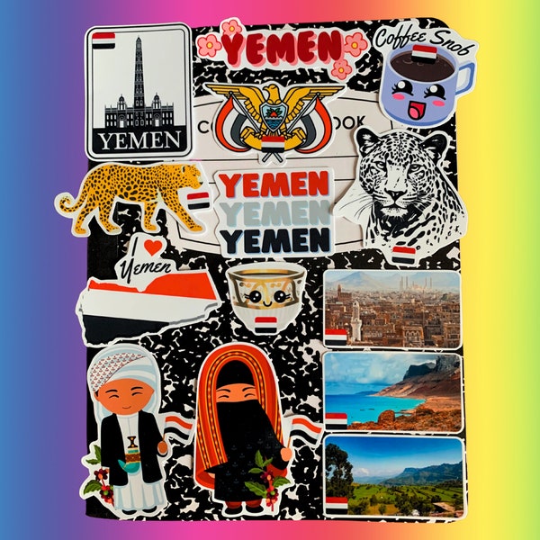 Jemen Abziehbilder Packung mit 14 wasserdichten Aufklebern - Jemen Kultur und Kunst, Jemen Essen, Jemen Geschenk Souvenir, Jemen Dekor