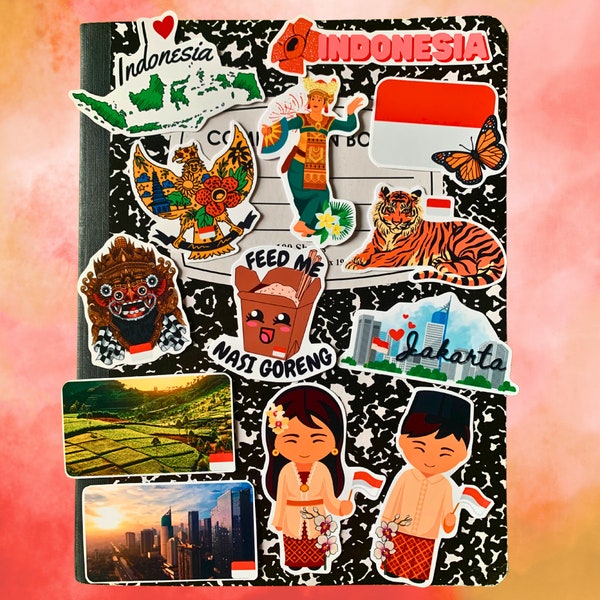 Indonesië thema stickers set van 13 waterdichte stickers - Indonesische souvenir, Indonesische kunst, Indonesische reizen, waterflesstickers