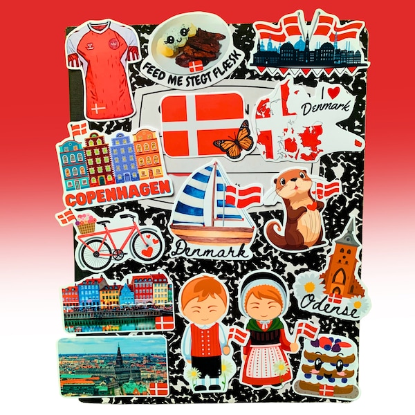 Denmark Theme Decals Set of 15 Waterproof Stickers  - Copenhagen, Danes, Laptop Decals, Danish Art, Danish Decor, Travel Gift, Danish Gift