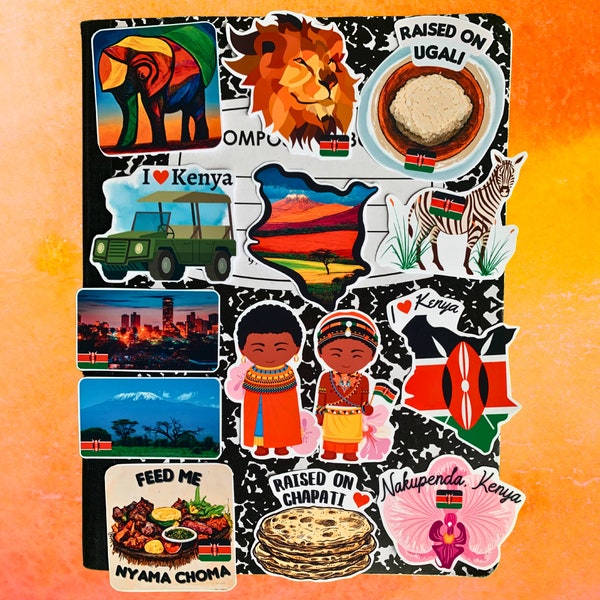 Kenya Decals Waterproof Stickers Pack of 14 - Kenyan Culture, Chapati, Nairobi, Kenyan Gift, Kenyan Souvenir