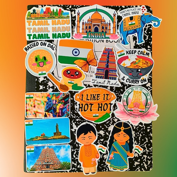 Autocollants étanches Tamil Nadu, lot de 15 - Art sud-indien, culture tamoule, scrapbooking, Dal, Curry, cuisine tamoule, cadeau