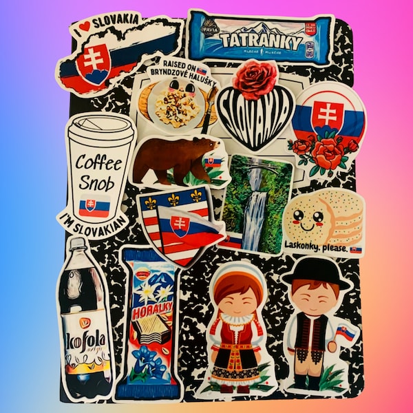 Slowaakse cadeaustickers set van 14 waterdichte stickers - Laskonky, Slowaakse snacks, Kofola, Slavaakse souvenir, laptopstickers, Slowaakse kunst