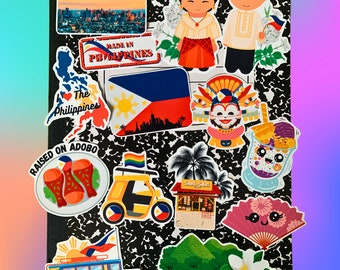 Philippines Theme Decals set of 14 Waterproof Stickers - Manila City, Adobo, filipino gift, filipino souvenir, filipino art, filipino decor