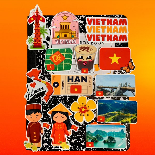 Vietnam Decals Pack de 14 autocollants imperméables à l’eau - Culture et art du Vietnam, cuisine vietnamienne, souvenir cadeau vietnamien, décor vietnamien