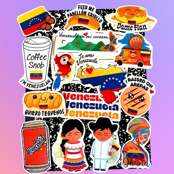 Venezuelan Gift Decals Set of 15 Waterproof Stickers - Venezuela Souvenir, Arepas, Tequenos, Venezuelan art, Caracas Art, Laptop Stickers