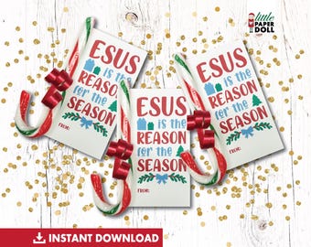 May include: Three printable gift tags with a candy cane design. The tags feature the text "Jesus is the reason for the season" in red and blue lettering with a Christmas tree and a bow.