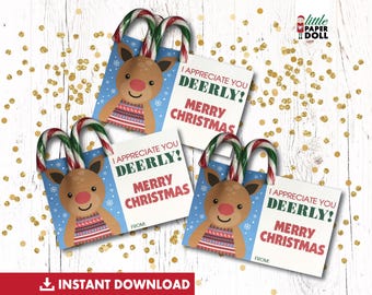 May include: Three printable Christmas gift tags featuring a cartoon reindeer wearing a red and white sweater. Each tag has the text "I appreciate you deerly! Merry Christmas" and a space for a name.