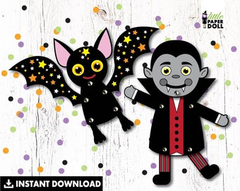 Muñecas de papel de Halloween, DESCARGA INSTANTÁNEA, manualidad infantil de Halloween imprimible, títere de vampiro, títere de murciélago, recorte de Halloween, manualidad para el aula.