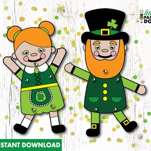 Pappersdockor med pyssling, utskrivbara dockor att ladda ner direkt, pyssel med Glad St. Patrick's Day för barn, målarbild för dockor