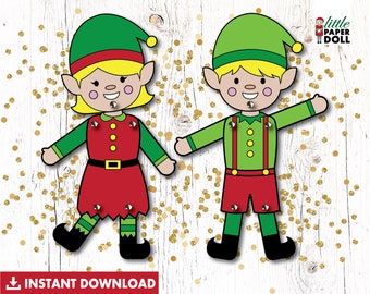 Elf paper dolls INSTANT DOWNLOAD, Elf paper puppets, Elf Christmas cutout activity, DIY elf kids Christmas craft