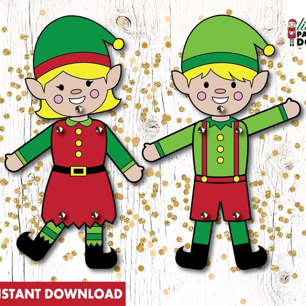 Elf paper dolls INSTANT DOWNLOAD, Elf paper puppets, Elf Christmas cutout activity, DIY elf kids Christmas craft