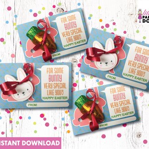 May include: Four printable Easter gift tags with a blue background and white bunny and carrot designs. The tags feature the text "For some bunny very special like you" and "Happy Easter".
