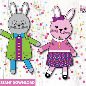 Paper Easter boy bunny, paper Easter girl bunny INSTANT DOWNLOAD printable, bunny colour page, Easter crafts for kids, bunny paper dolls