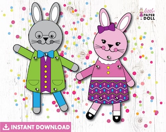 Paper Easter boy bunny, paper Easter girl bunny INSTANT DOWNLOAD printable, bunny colour page, Easter crafts for kids, bunny paper dolls