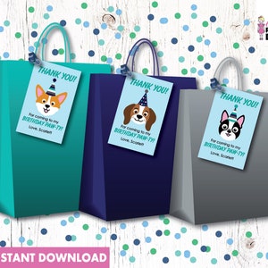 ¡Gracias por venir a mi cumpleaños Paw-ty! Etiqueta de bolsa de regalo de fiesta. DESCARGA INSTANTÁNEA Etiqueta de agradecimiento, placas de identificación imprimibles, agradecimiento personalizadas