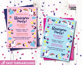 Può includere: Due inviti per una festa a tema unicorno, rosa e blu, con disegni di arcobaleno, stelle e nuvole. Il testo recita "Unisciti a noi per una festa di unicorno! Scarlett compie 6 anni. Sabato 11 agosto 12:00 pm - 4:00 pm 1234 Rainbow Street Ontario, CA RIA 2N3 Per favore, conferma la tua presenza a Michelle entro il 6 novembre. Chiama o invia un messaggio al (123) 123-1234"