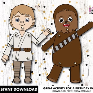 Star Wars instant download paper dolls, Luke Skywalker puppet, Chewbacca puppet, Star Wars kids craft and colouring sheet, Birthday activity