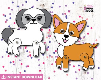 Bambola di carta per cani DOWNLOAD ISTANT'ITANTE, disegno di cucciolo da colorare, attività di festa di compleanno del cane, mestiere del cane dei bambini, cane shih tzu, cane corgi