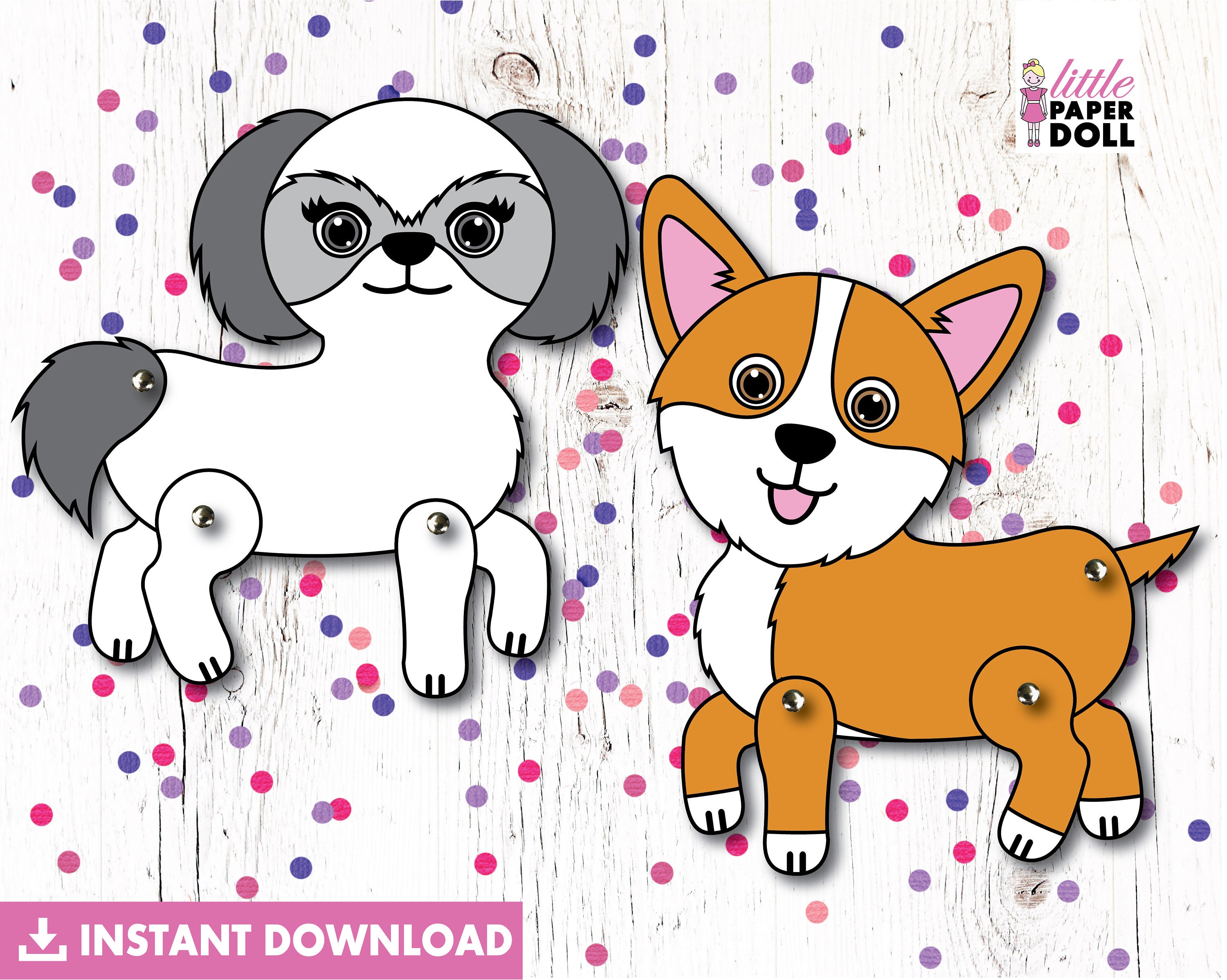 Dog Paper Doll INSTANT DOWNLOAD, Printable Puppy Dog Coloring Page, Dog Birthday Party Activity ...