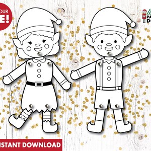May include: A printable coloring page featuring two elf paper dolls. The dolls are dressed in traditional elf attire and have large, smiling faces. The dolls are ready to be colored in with crayons, markers, or colored pencils. The text "Colour Me!" is at the top of the page. The text "little paper doll" is at the top right of the page.