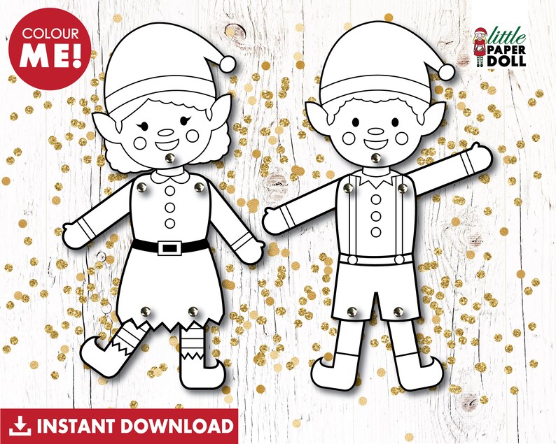 May include: A printable coloring page featuring two elf paper dolls. The dolls are dressed in traditional elf attire and have large, smiling faces. The dolls are ready to be colored in with crayons, markers, or colored pencils. The text "Colour Me!" is at the top of the page. The text "little paper doll" is at the top right of the page.