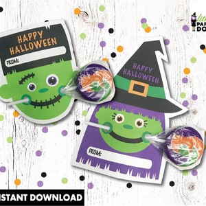 Happy Halloween! INSTANT DIGITAL DOWNLOAD Halloween lollipop favor, sucker tag, classmate favor, preschool, witch card, Frankenstein card