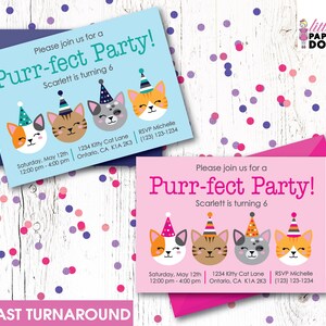 Please join us for a Purr-fect Party! Personalized cat Birthday invitation, print at home invitation, pink and blue kitty cat party invite