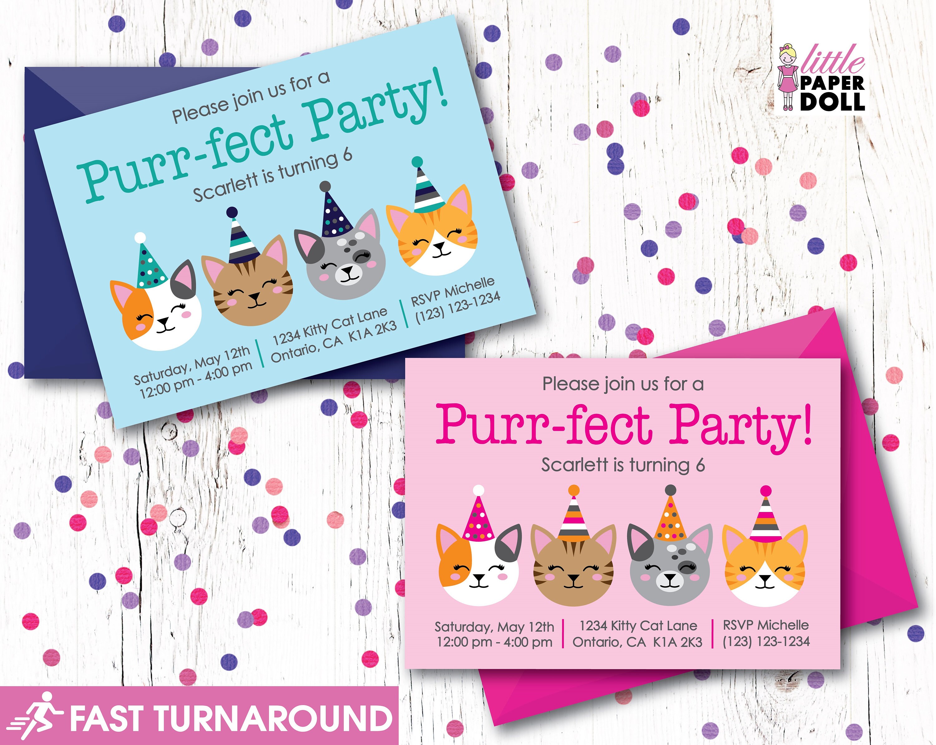 Please join us for a Purr-fect Party! Personalized cat Birthday invitation, print at home invitation, pink and blue kitty cat party invite