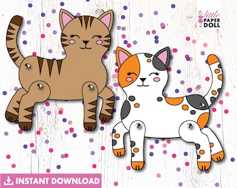 Cat paper doll INSTANT DOWNLOAD, printable kitty cat coloring page, cat birthday party activity, kids kitty cat craft