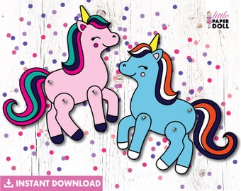 Unicorn paper doll INSTANT DOWNLOAD, printable unicorn coloring page, party unicorn activity, DIY kids unicorn craft, paper puppet