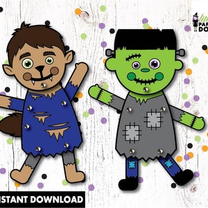 Bambole di carta di Halloween, burattini di carta con download istantaneo, artigianato per bambole di carta per bambini di Halloween stampabile fai da te, burattino di Frankenstein, burattino di lupo mannaro