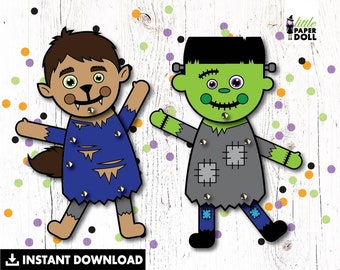 Muñecas de papel para Halloween, marionetas de papel de descarga instantánea, manualidades de papel para Halloween para niños imprimibles, marionetas de Frankenstein, marionetas de hombre lobo