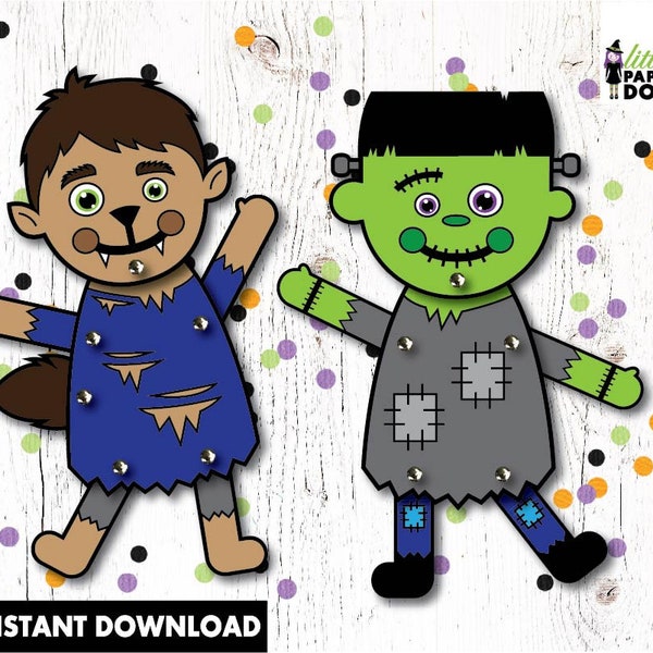 Halloween paper dolls, Instant download paper puppets, printable DIY Halloween kids paper doll craft, Frankenstein puppet, werewolf puppet