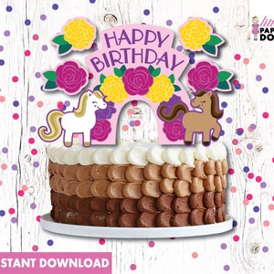 Horse Birthday Party cake toppers, instant download horse, flower rainbows, pony printable cake toppers, Happy Birthday horse pony party