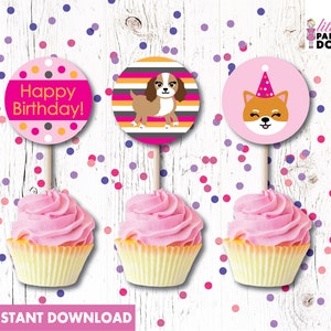 Dog Birthday Party cupcake printable toppers, puppy party instant download cake toppers, Happy Birthday cupcake dog images, Birthday paw-ty