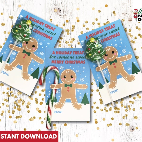 A holiday treat for someone sweet! Merry Christmas INSTANT DOWNLOAD printable classmate favor, lollipop favor, candy cane favor, gingerbread